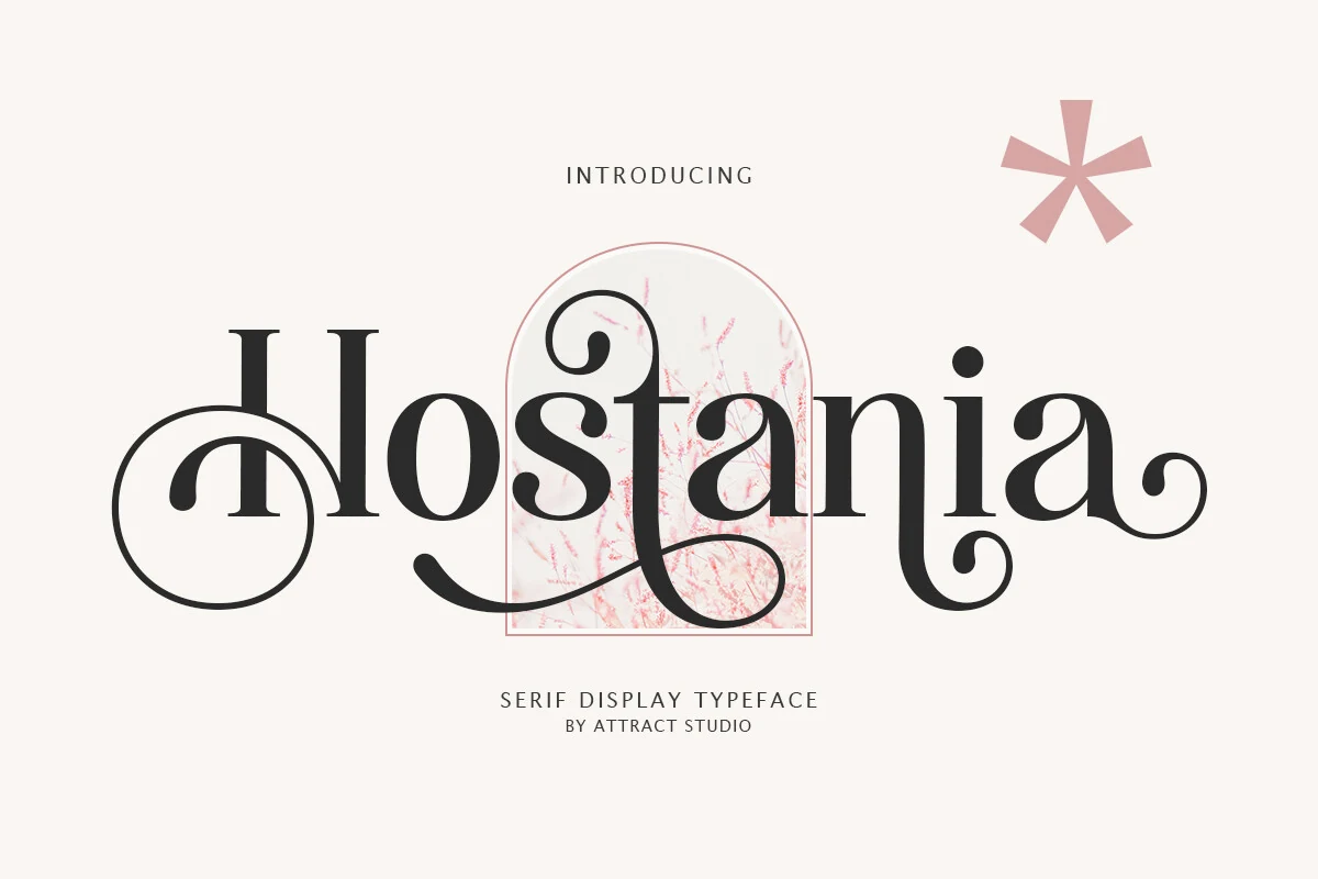 Hostania Font black nostalgic serif lettering with curled swashes and decorative terminals