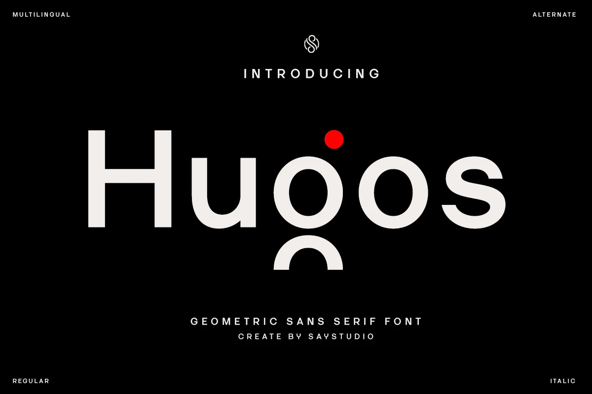 Hugos Font preview with white geometric sans serif lettering and a stylized g with a red accent