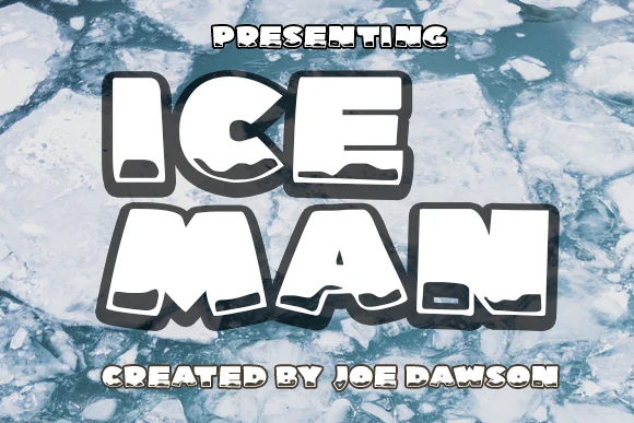 Ice Man Font preview in chunky icy white cartoon letters with dark outline