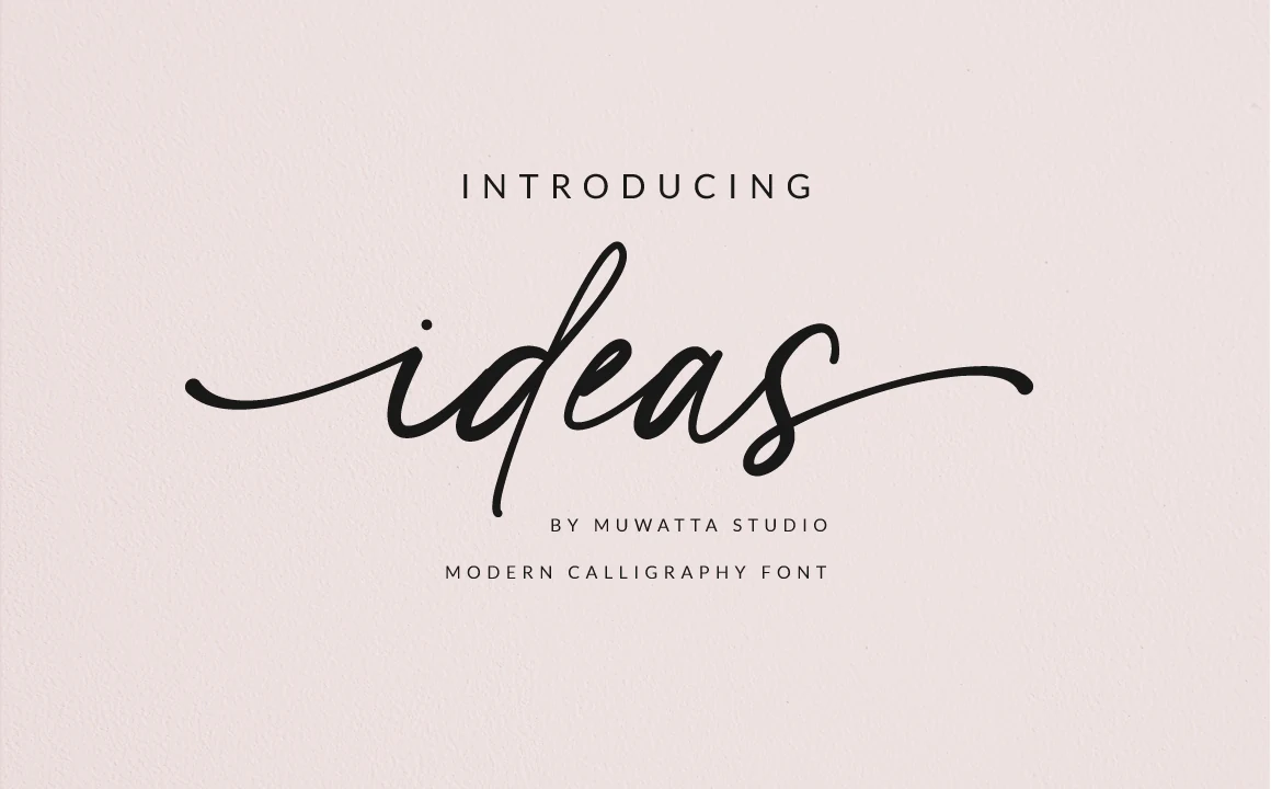 Ideas Font preview in black elegant script with long swashes and slender calligraphy strokes