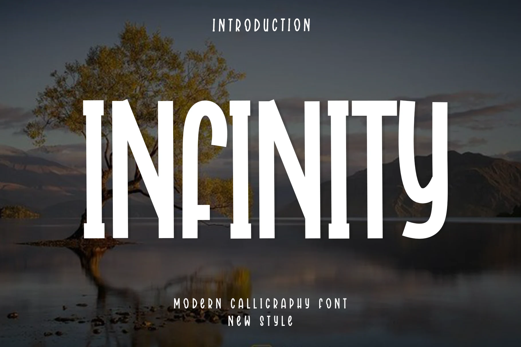 Infinity Font preview with tall white condensed display lettering and narrow handwritten captions