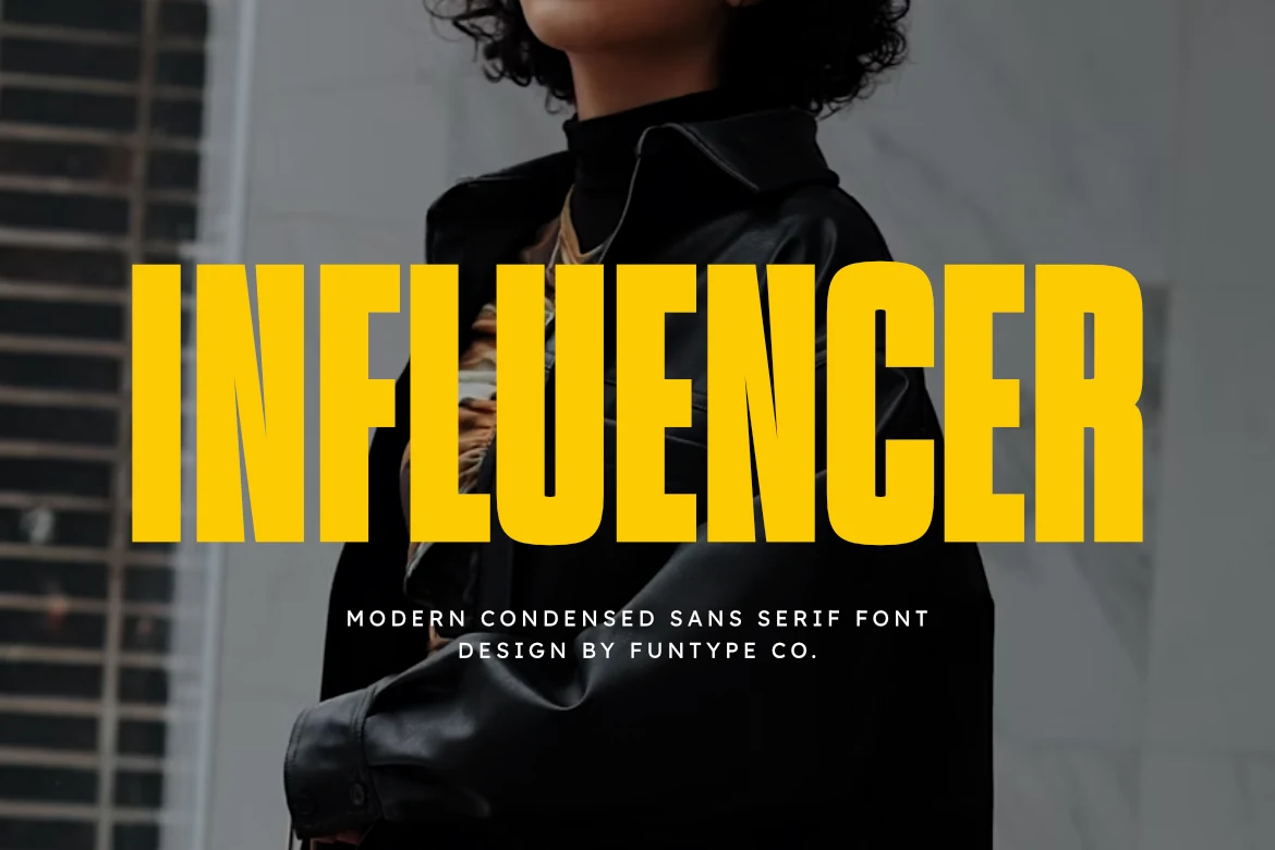 Influencer Font preview with bold yellow condensed sans serif lettering for fashion branding