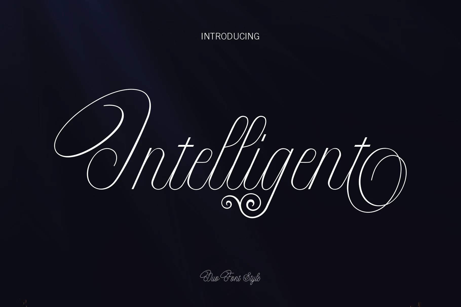 Intelligent Font preview with white elegant script lettering, thin strokes, and ornate swashes
