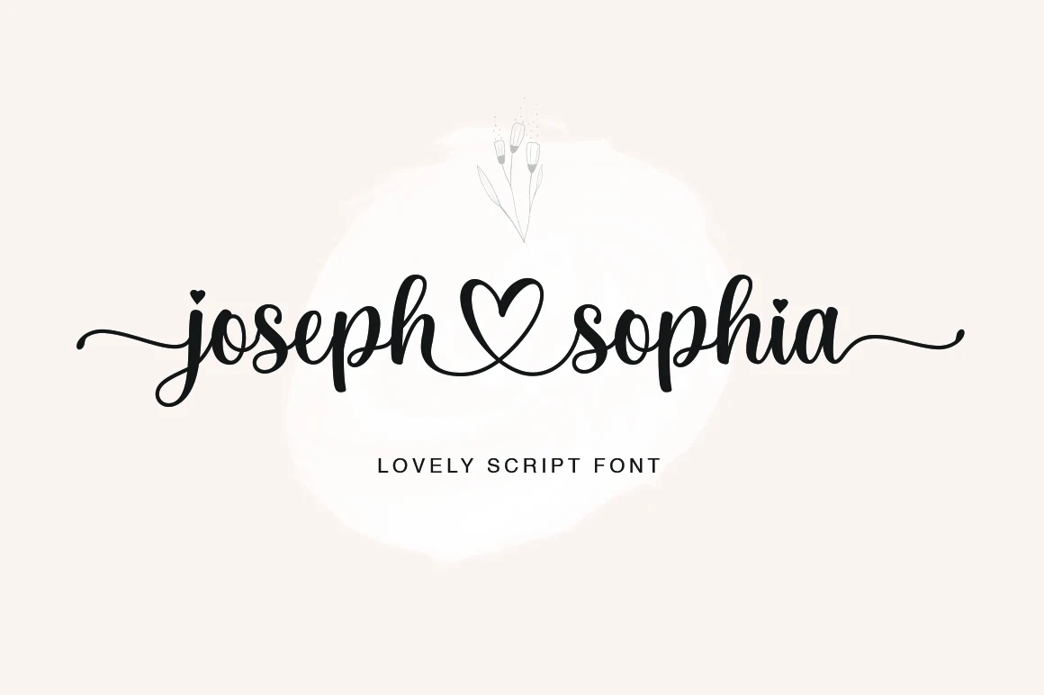 Joseph Sophia Font preview with black monoline script lettering, heart connector, and long swashes