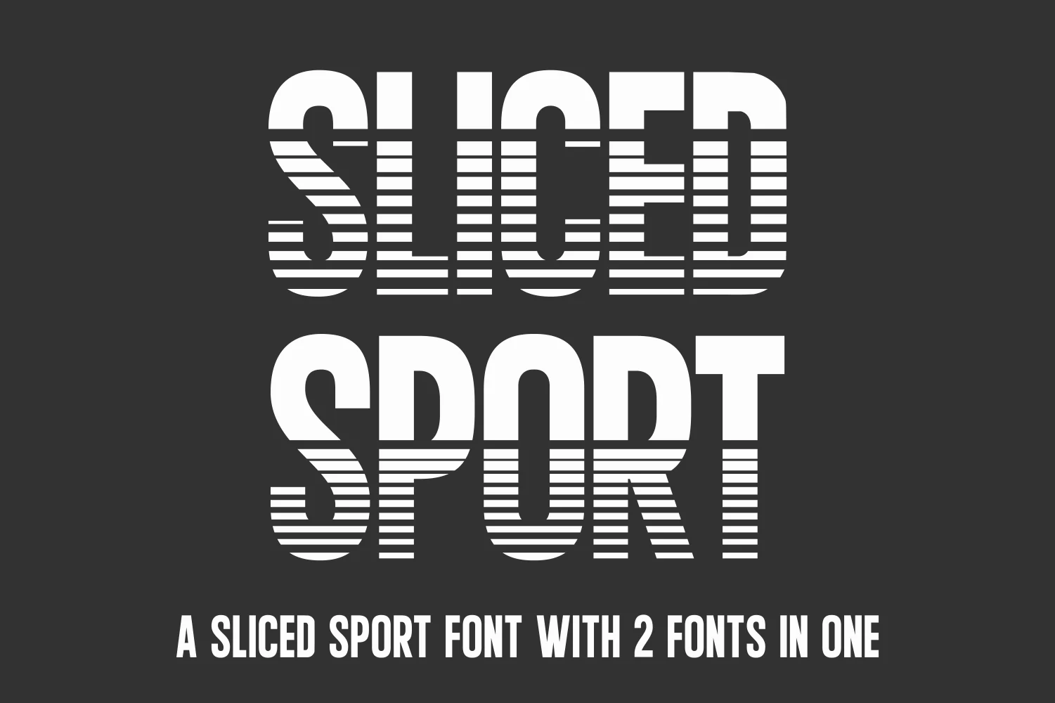 JP Sliced Sport Font preview with bold white striped sport lettering on a dark gray background
