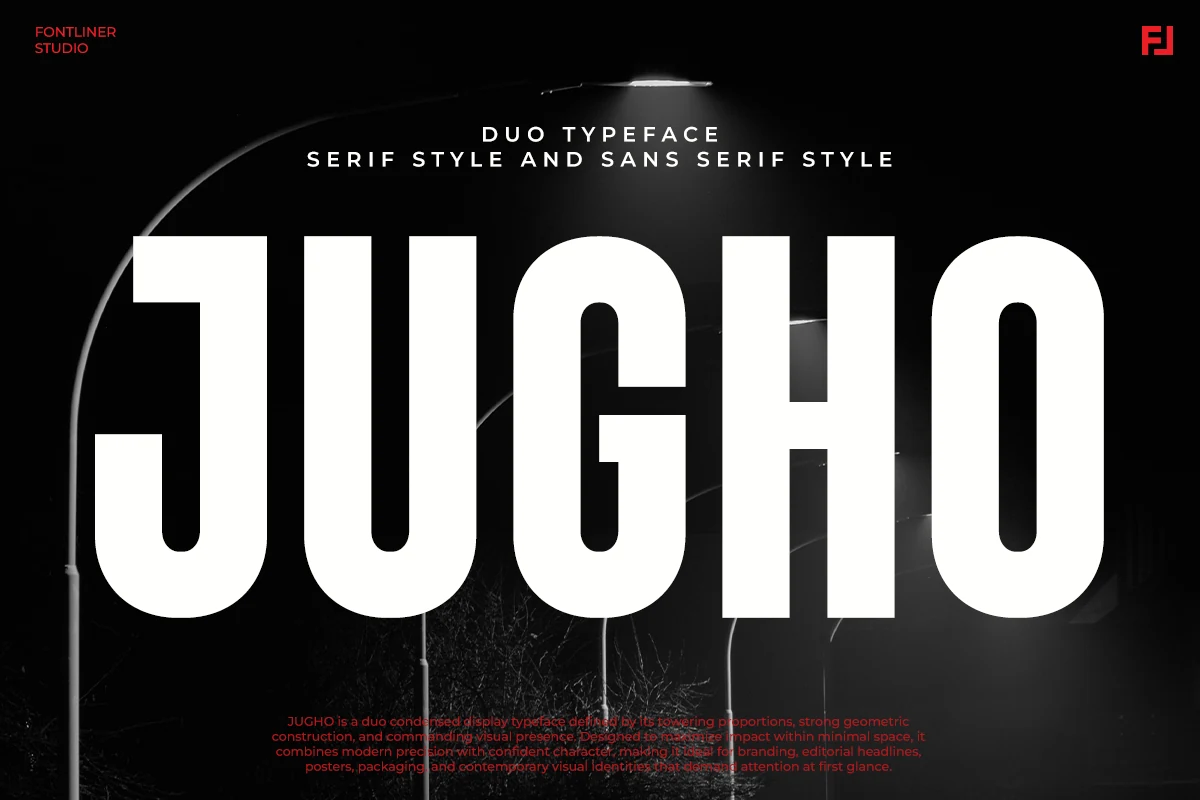 Jugho Font preview with tall white condensed sans serif lettering on a dark background
