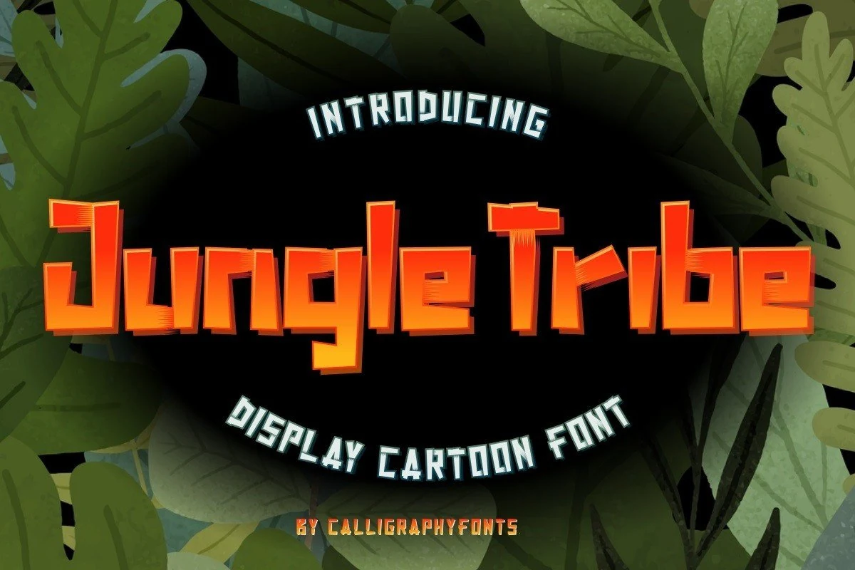 Jungle Tribe Font preview with angular orange cartoon letters and a textured tribal-style display