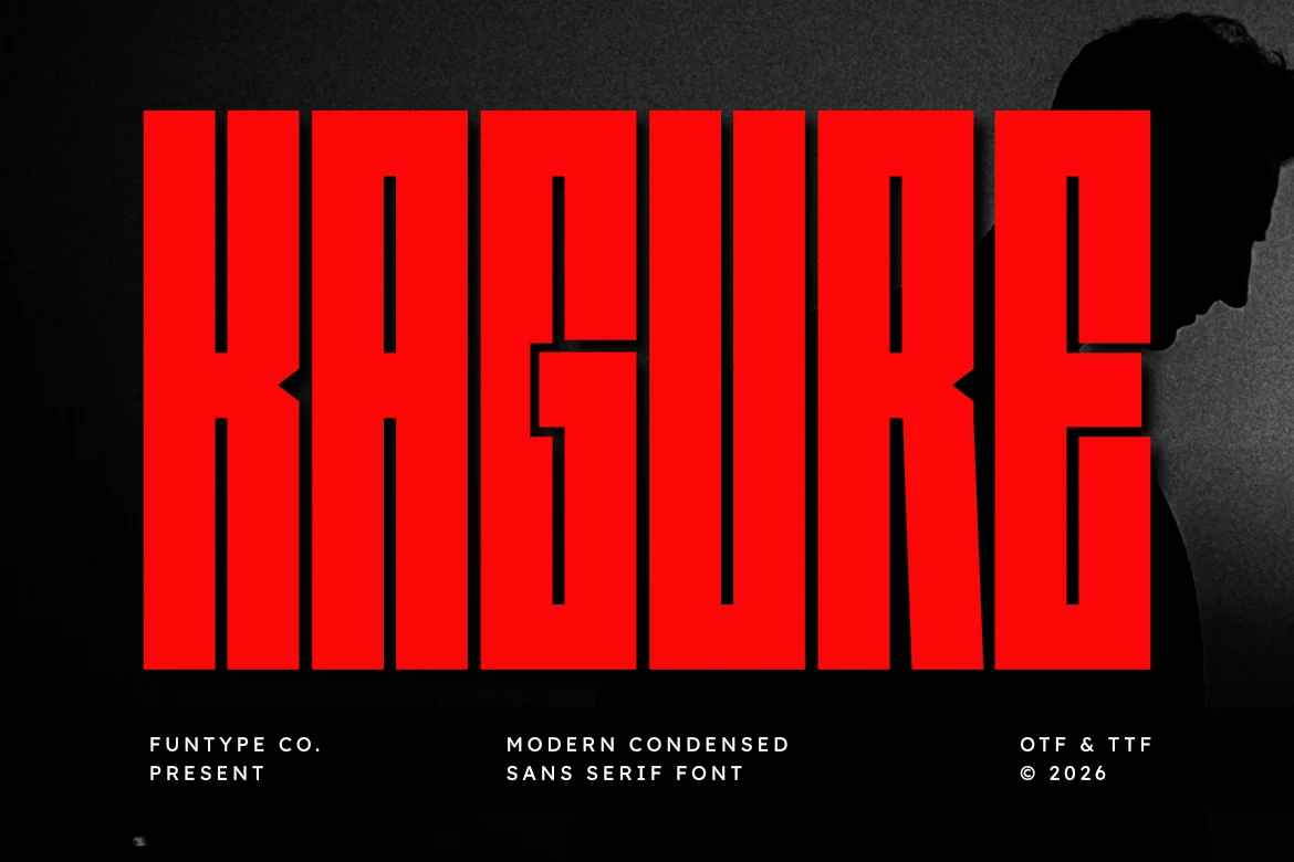 Kagure Font preview with bold red condensed sans serif lettering