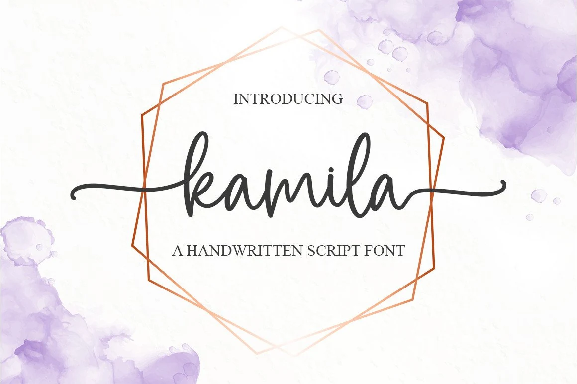 Kamila Font preview with smooth handwritten script, connected lowercase letters, and long horizontal swashes