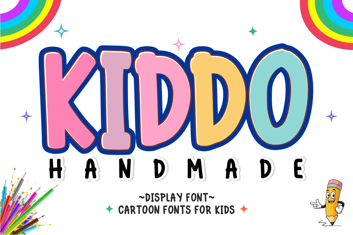 Kiddo Handmade Font preview with chunky multicolor hand-drawn letters and bold blue outline