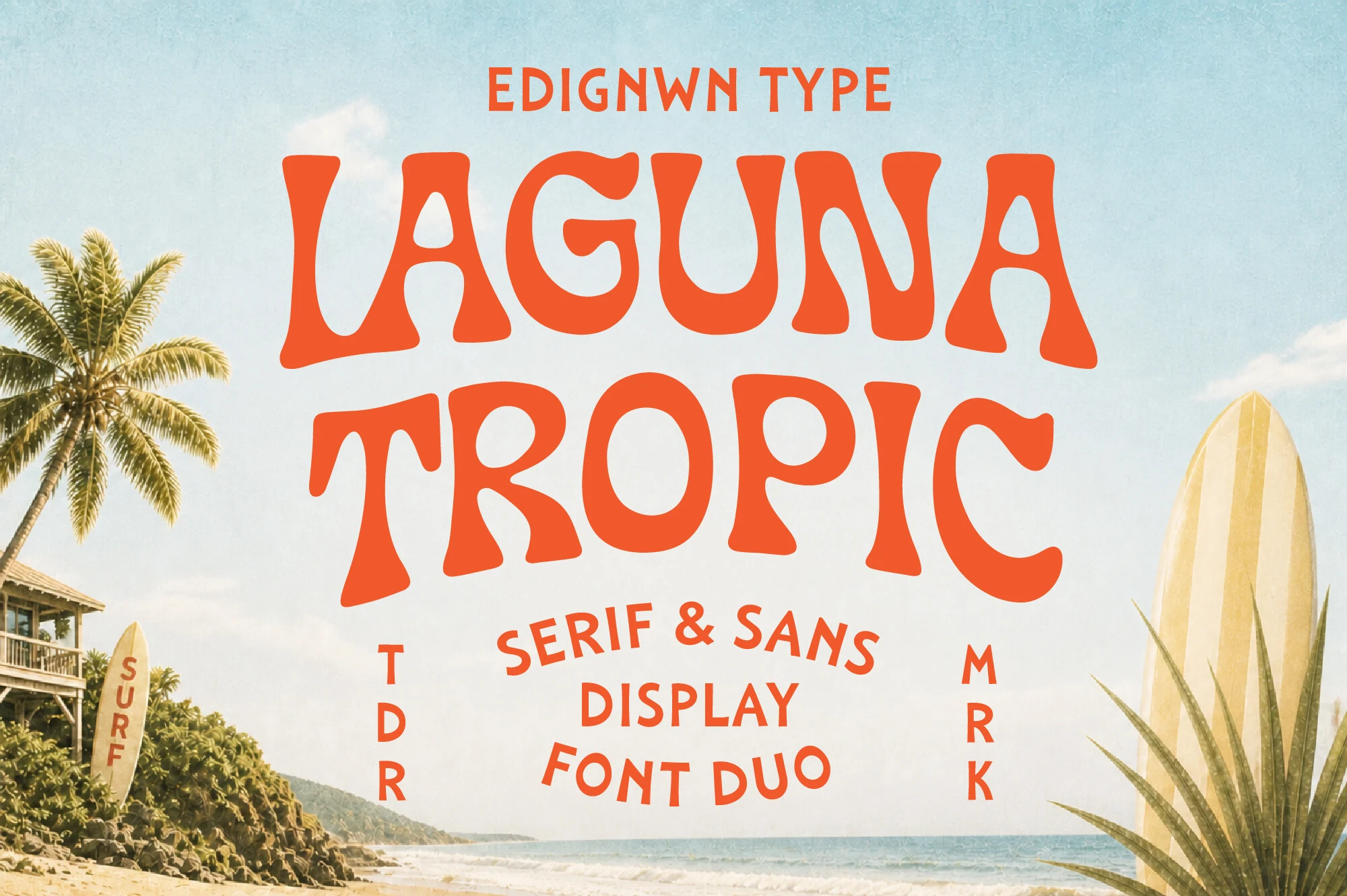 Laguna Tropic Font preview with orange retro surf lettering and organic flared shapes