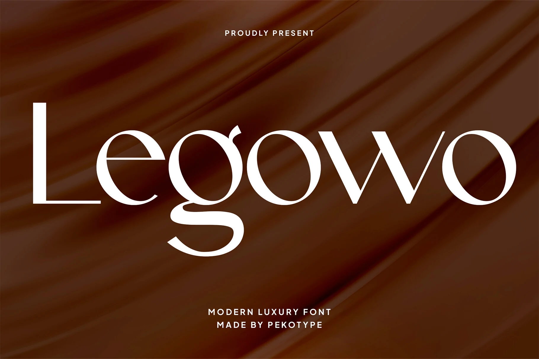 Legowo Font preview in white elegant sans serif lettering with high contrast curves and a sweeping lowercase g