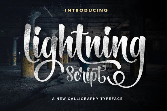 Lightning Script Font preview with textured white calligraphy lettering and curling swashes