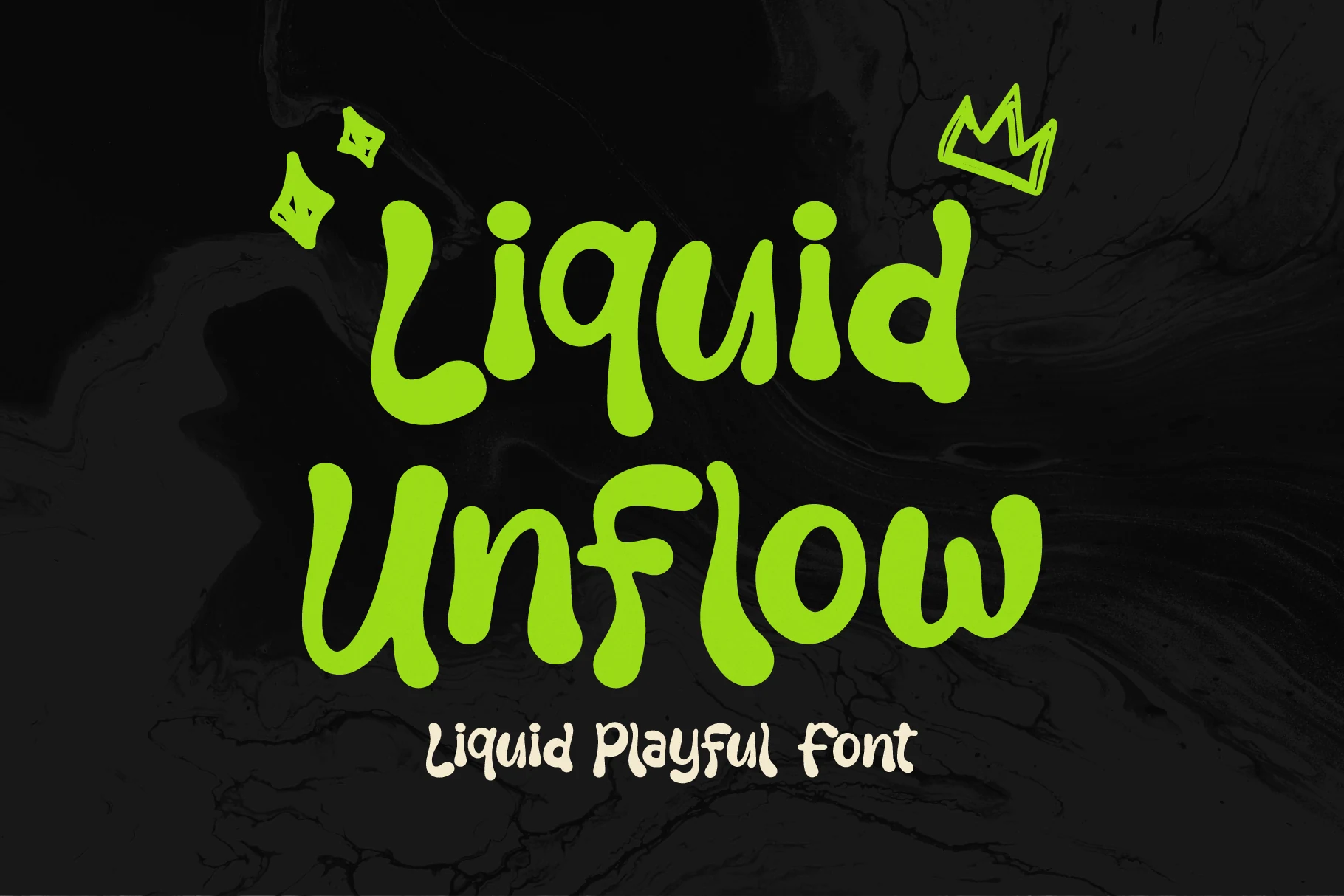Liquid Unflow Font preview with neon green liquid-style letters, rounded strokes, and wavy baseline