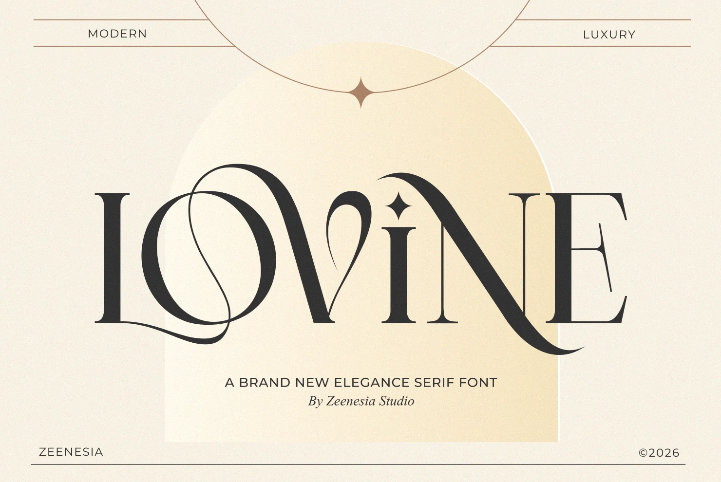 Lovine Font preview with black high-contrast serif lettering and flowing decorative swashes