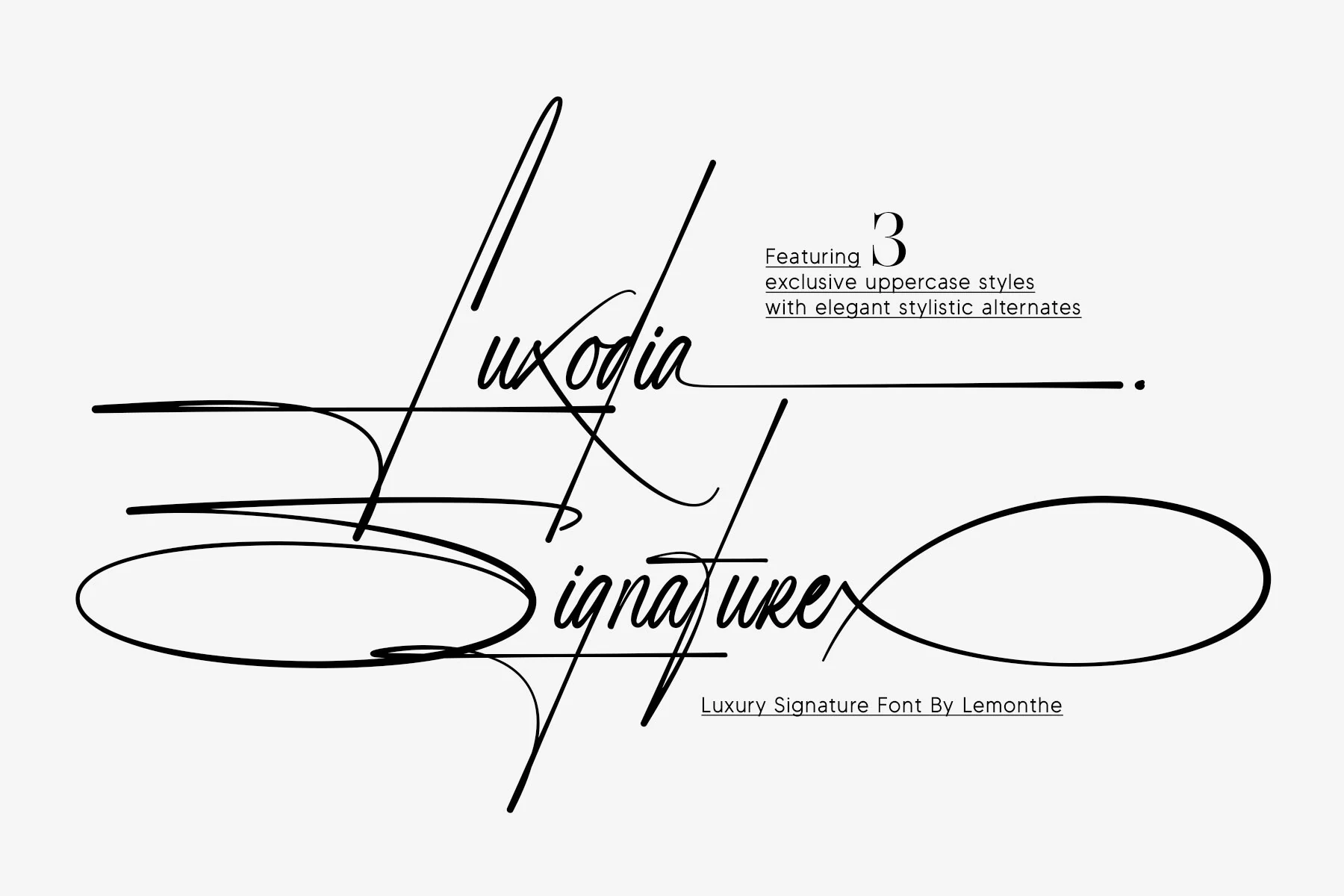 Luxodia Signature Font preview with black luxury script, thin monoline strokes, and oversized looping swashes