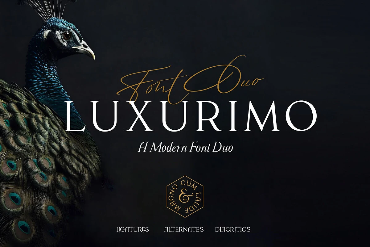 Luxurimo Font preview with high-contrast serif capitals and thin signature script
