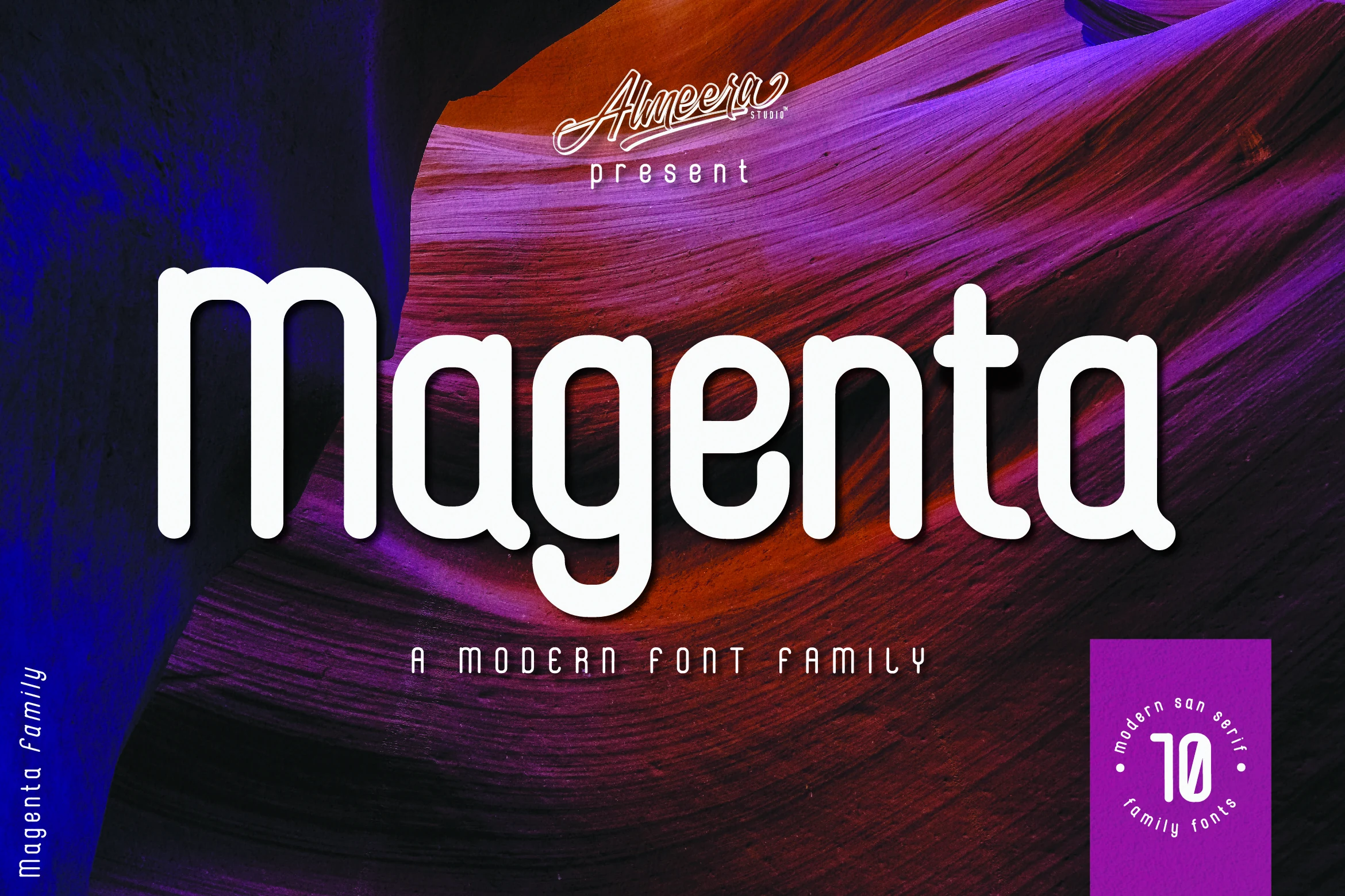 Magenta Family Font preview in rounded white sans serif lettering with soft curves and a bold shadow