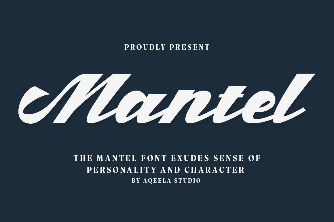 Mantel Font preview in bold slanted white script lettering with vintage curves