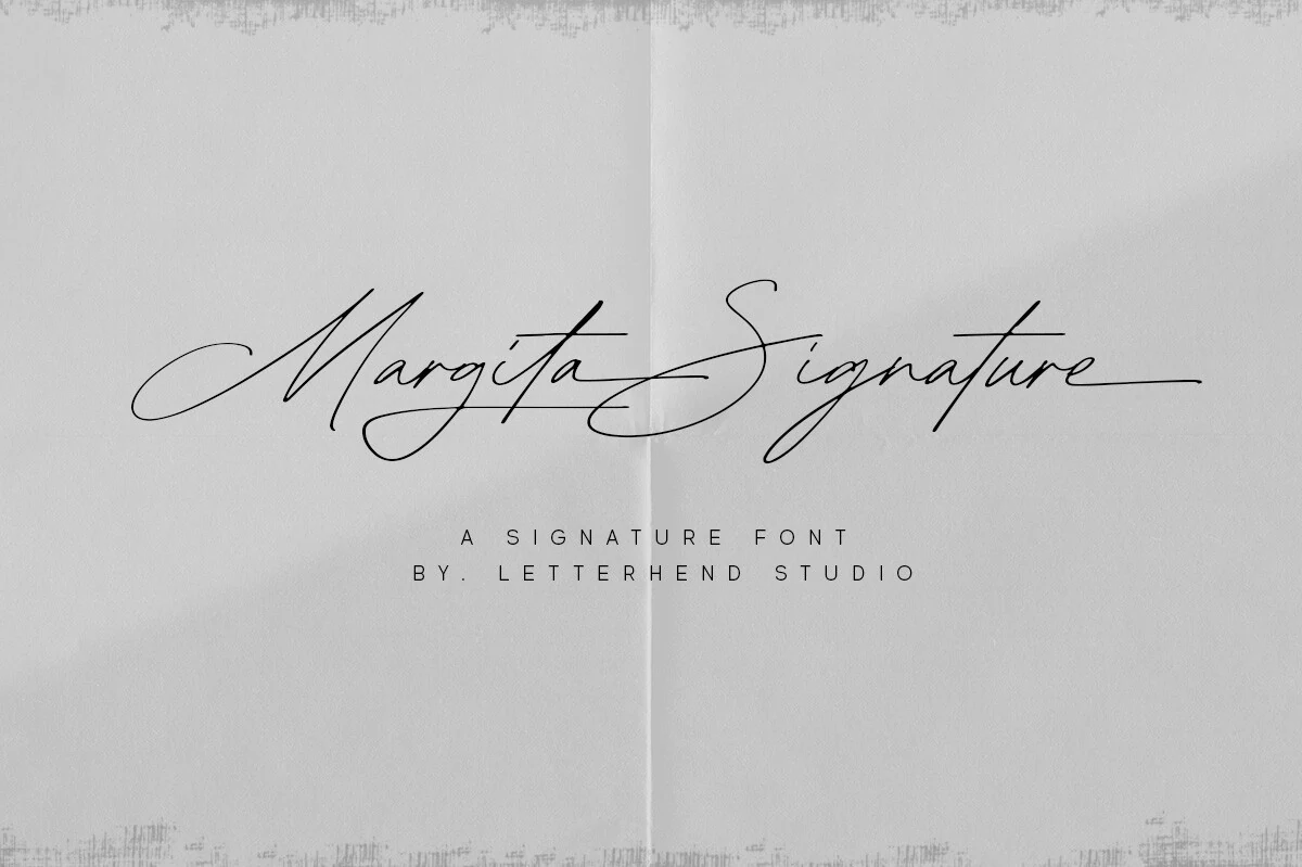 Margita Signature Font preview in thin black handwritten script with long cross swashes and looped capitals