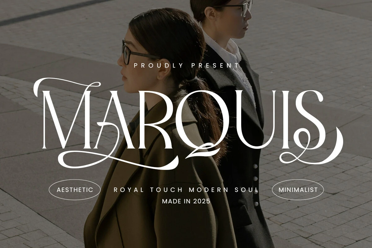 Marquis - Elegant Modern Serif Font preview with elegant white high-contrast serif lettering and sweeping swash ligatures