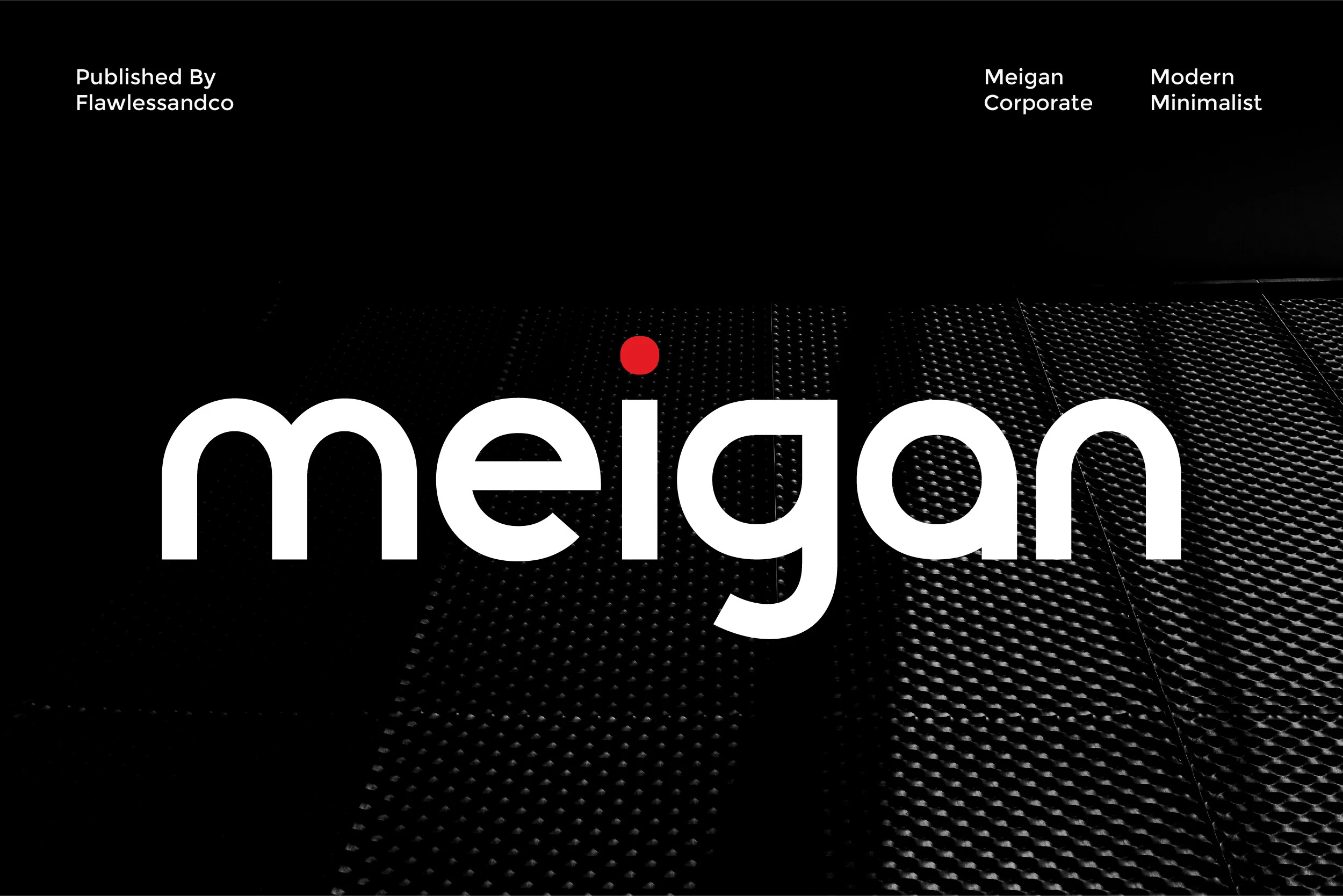 Meigan Font preview with bold white rounded geometric sans serif lettering and a red i dot