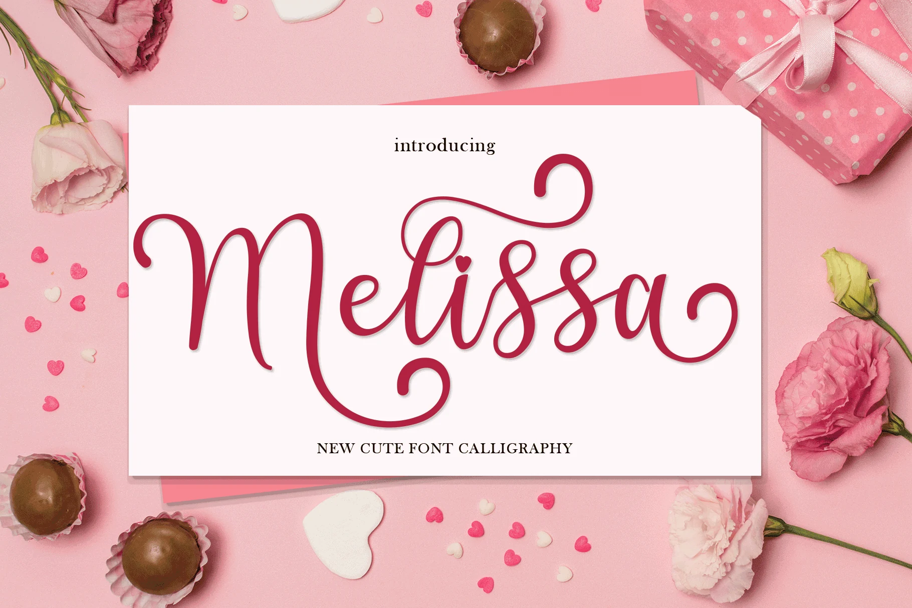 Melissa Font preview with red calligraphy lettering, curled swashes, and a heart accent