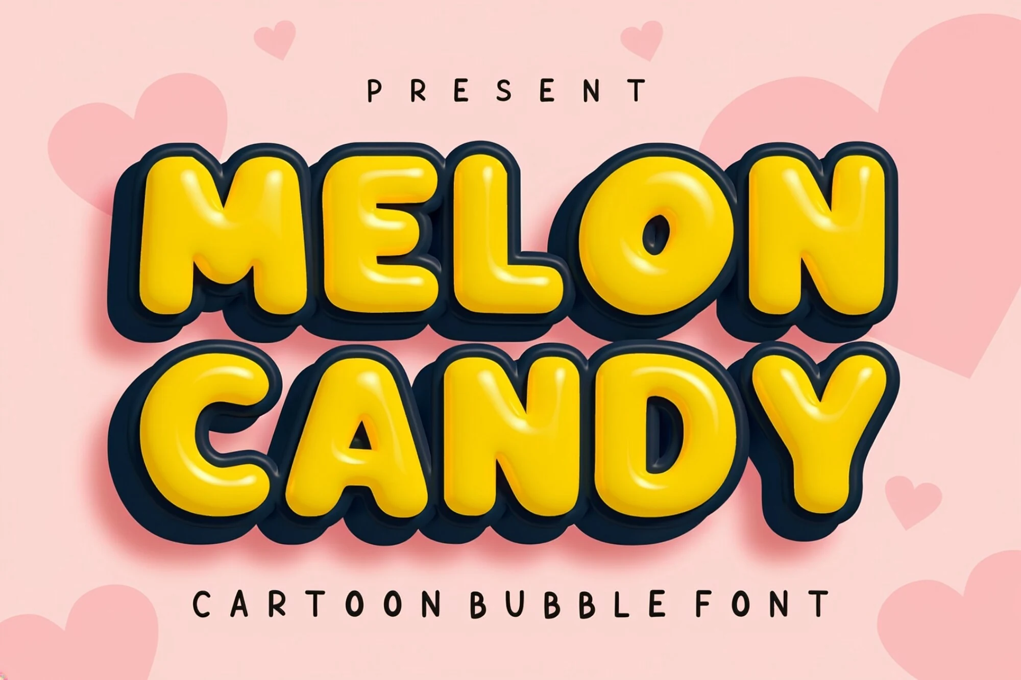 Melon Candy Font preview with glossy yellow bubble letters, thick dark outline, and rounded cartoon shapes