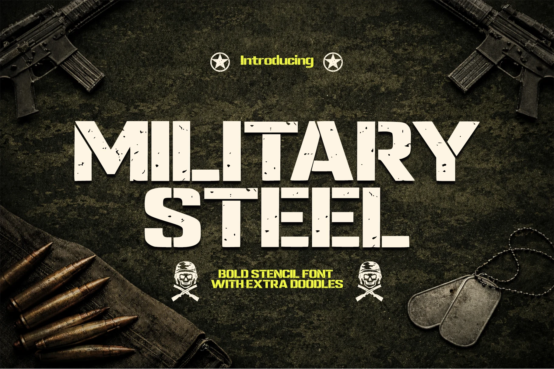 Military Steel Font preview with distressed stencil lettering and heavy tactical block shapes