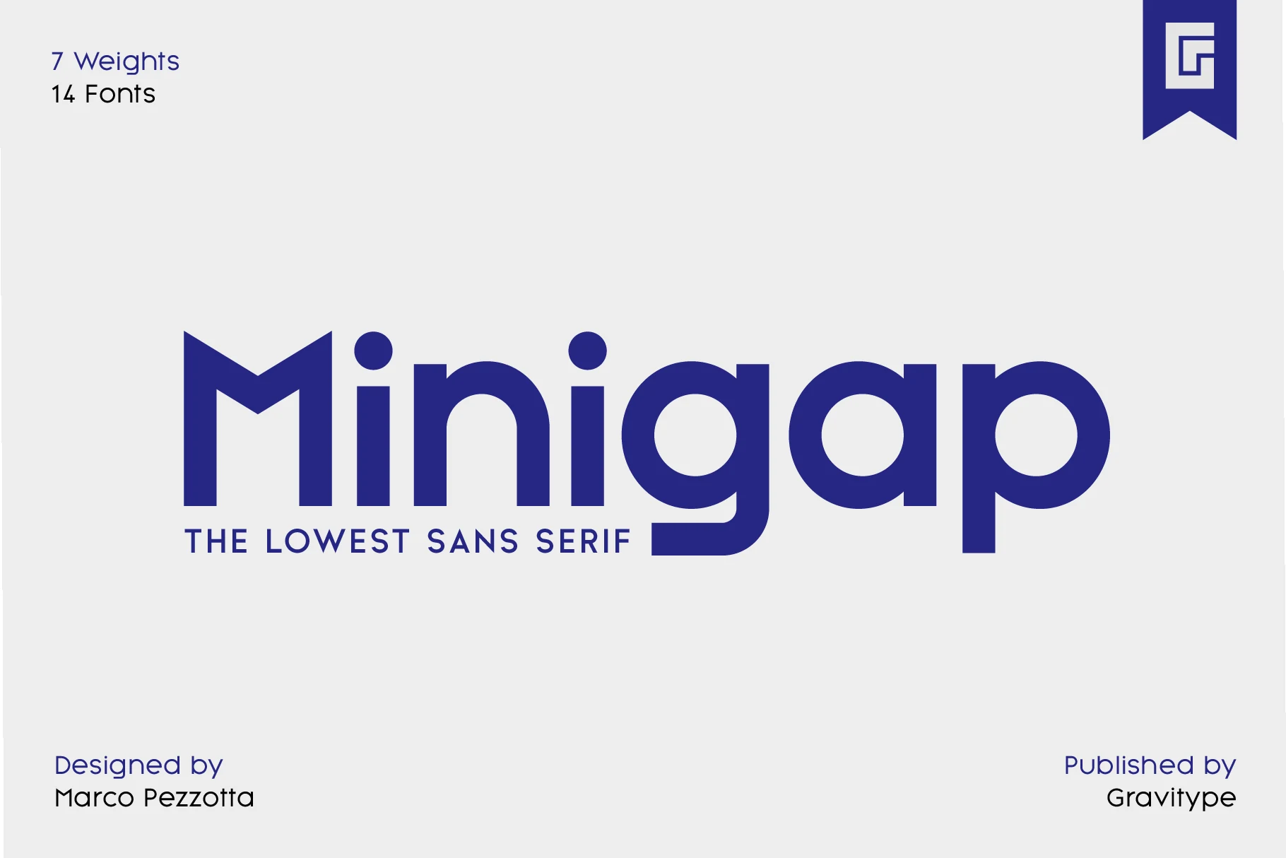 Minigap Font preview in blue geometric sans serif lettering with a very high x-height