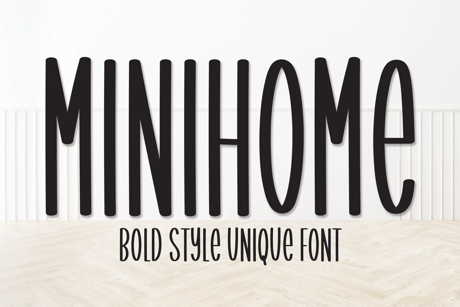 Minihome Font preview with tall narrow black handwritten lettering and rounded forms
