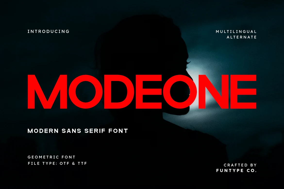 Modeone Font preview with bold red geometric sans serif lettering on a dark background