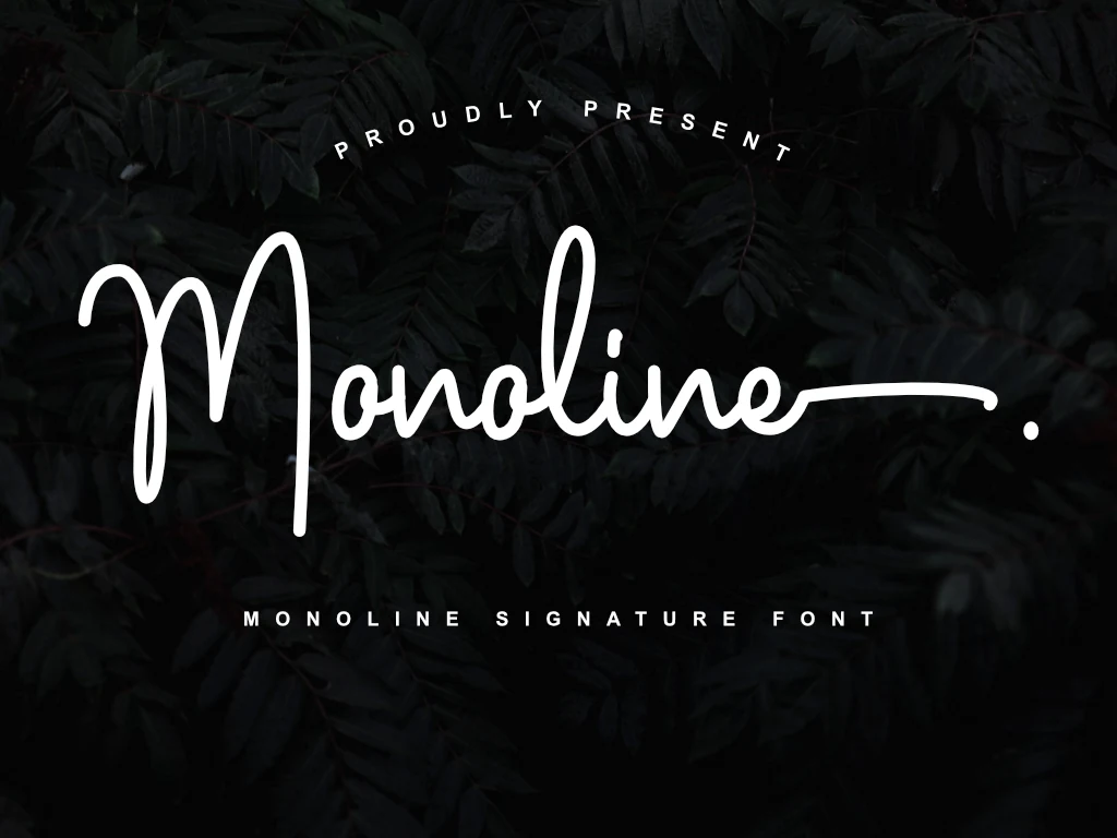 Monoline Font preview with white monoline signature lettering, tall looped strokes, and a long trailing swash