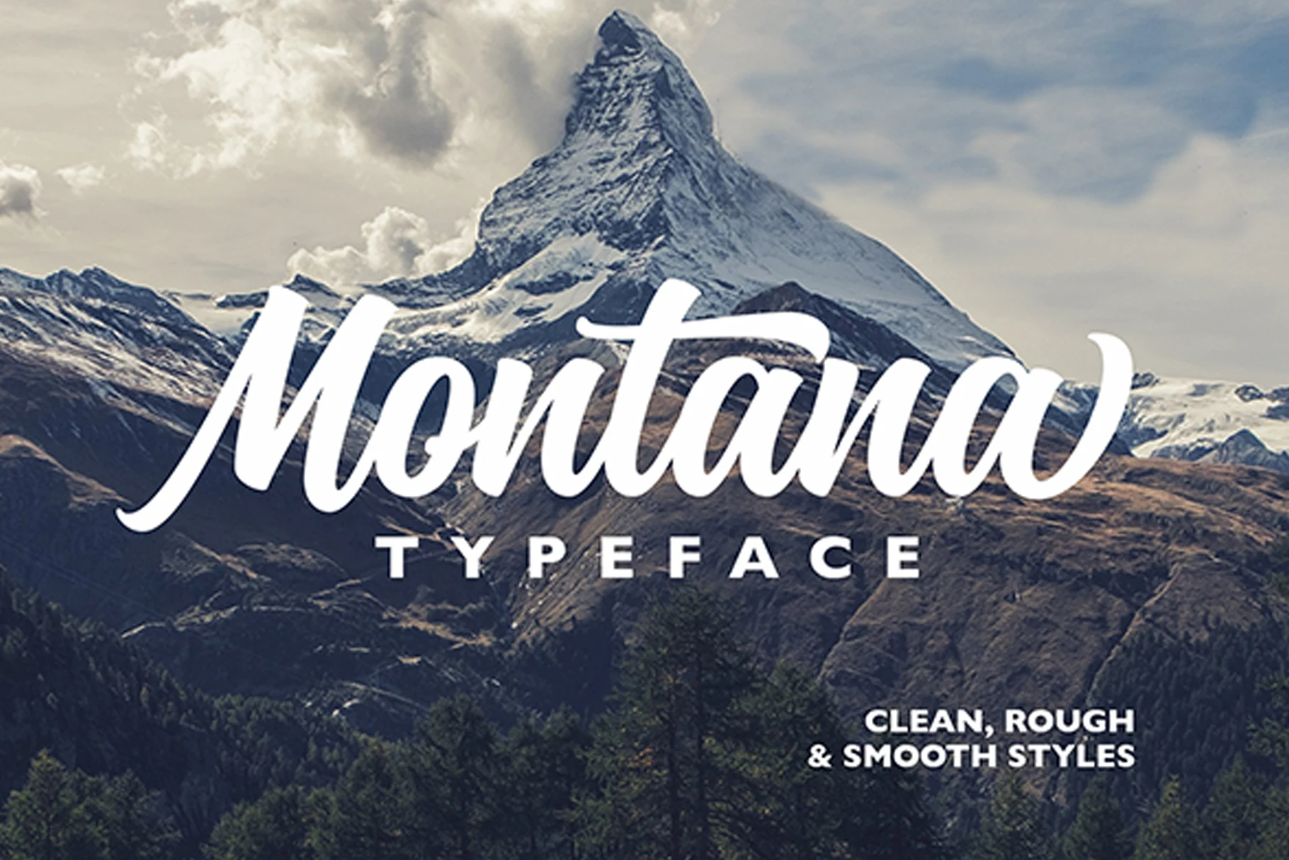 Montana Font preview in bold white cursive lettering over a mountain landscape
