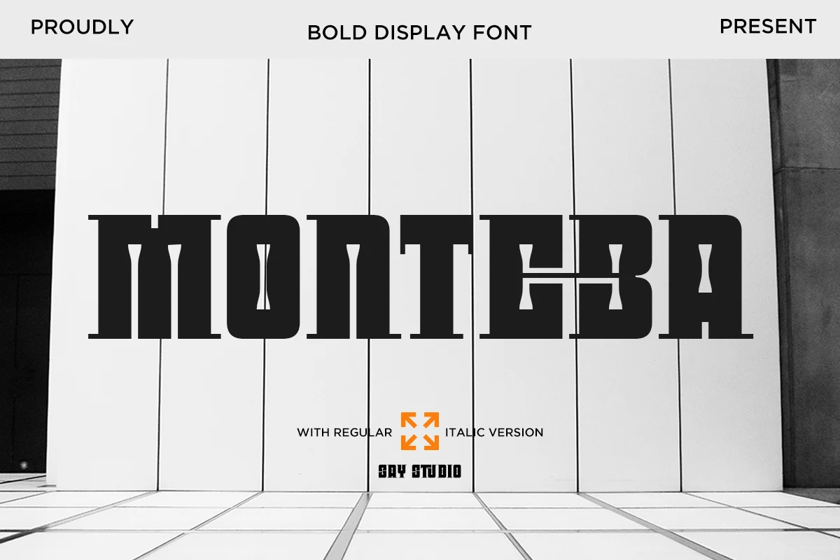 Monteba Font bold slab serif lettering with squared stems and cut-in details