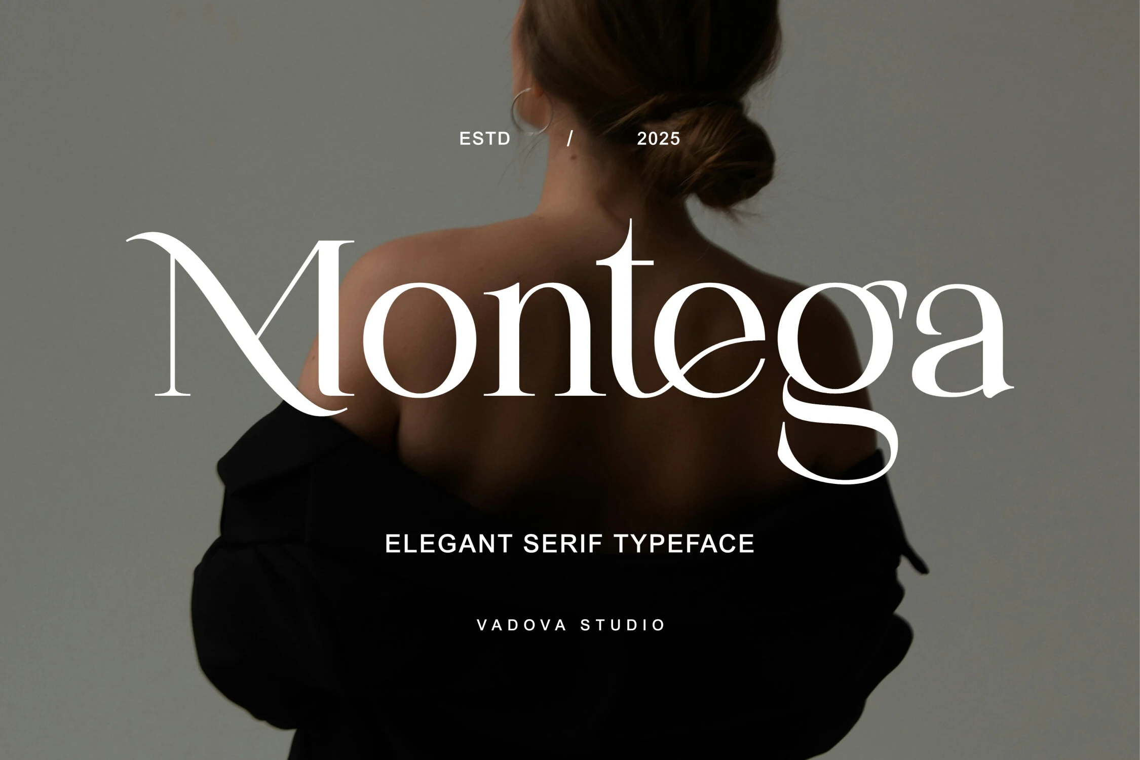 Montega Font preview showing elegant white high-contrast serif lettering with a distinctive looping g