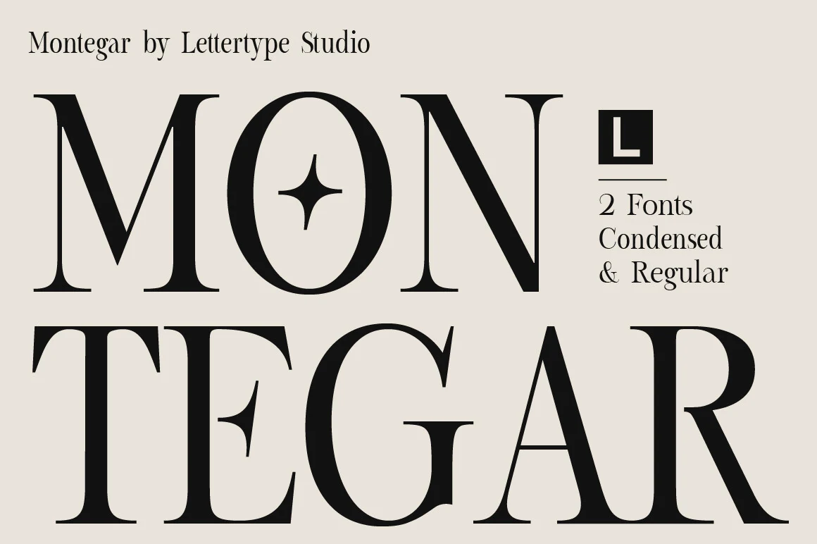 Montegar Font preview with high-contrast black serif lettering and refined thin serifs