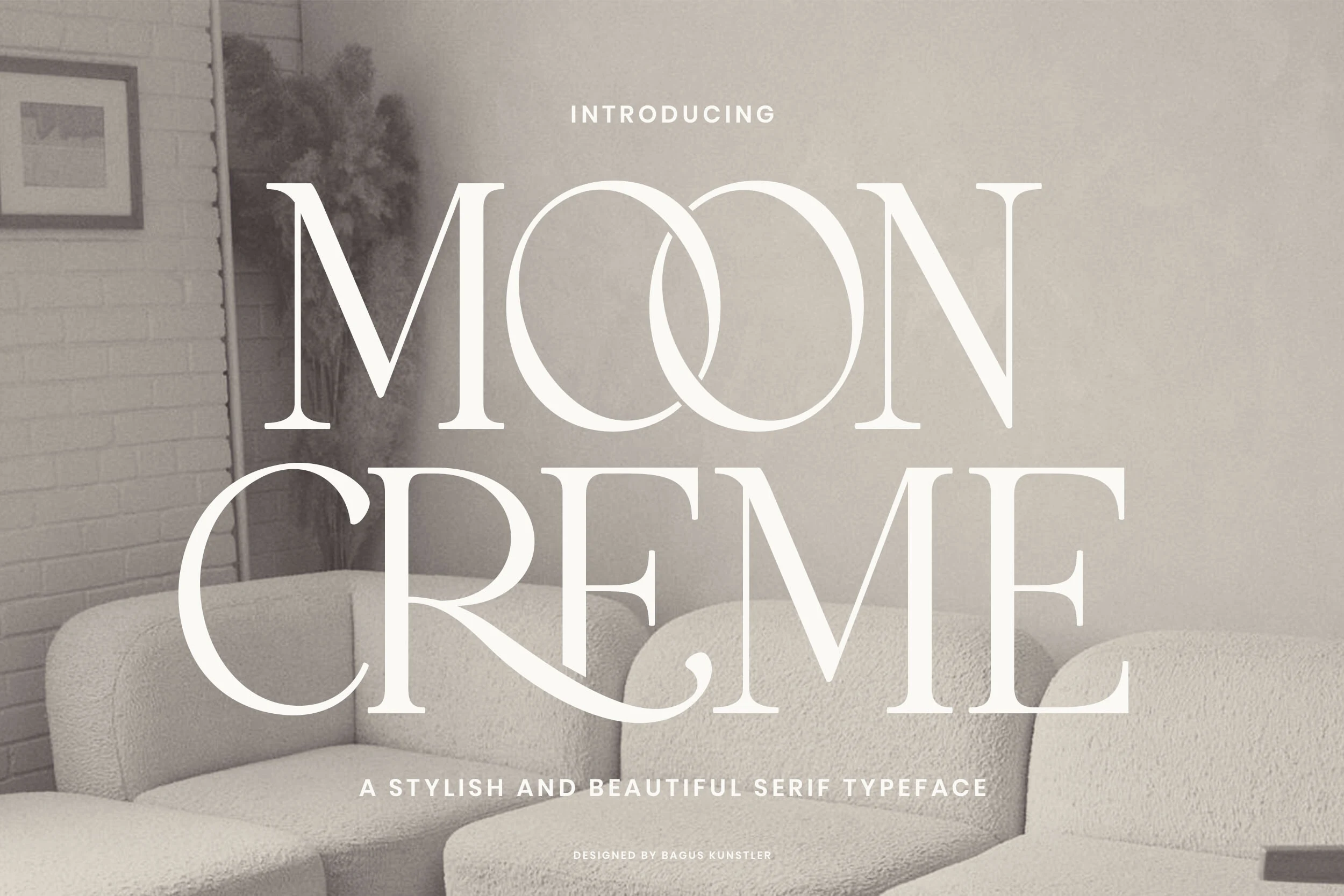 Moon Creme Font preview showing elegant white serif lettering with overlapping O shapes and a sweeping R flourish