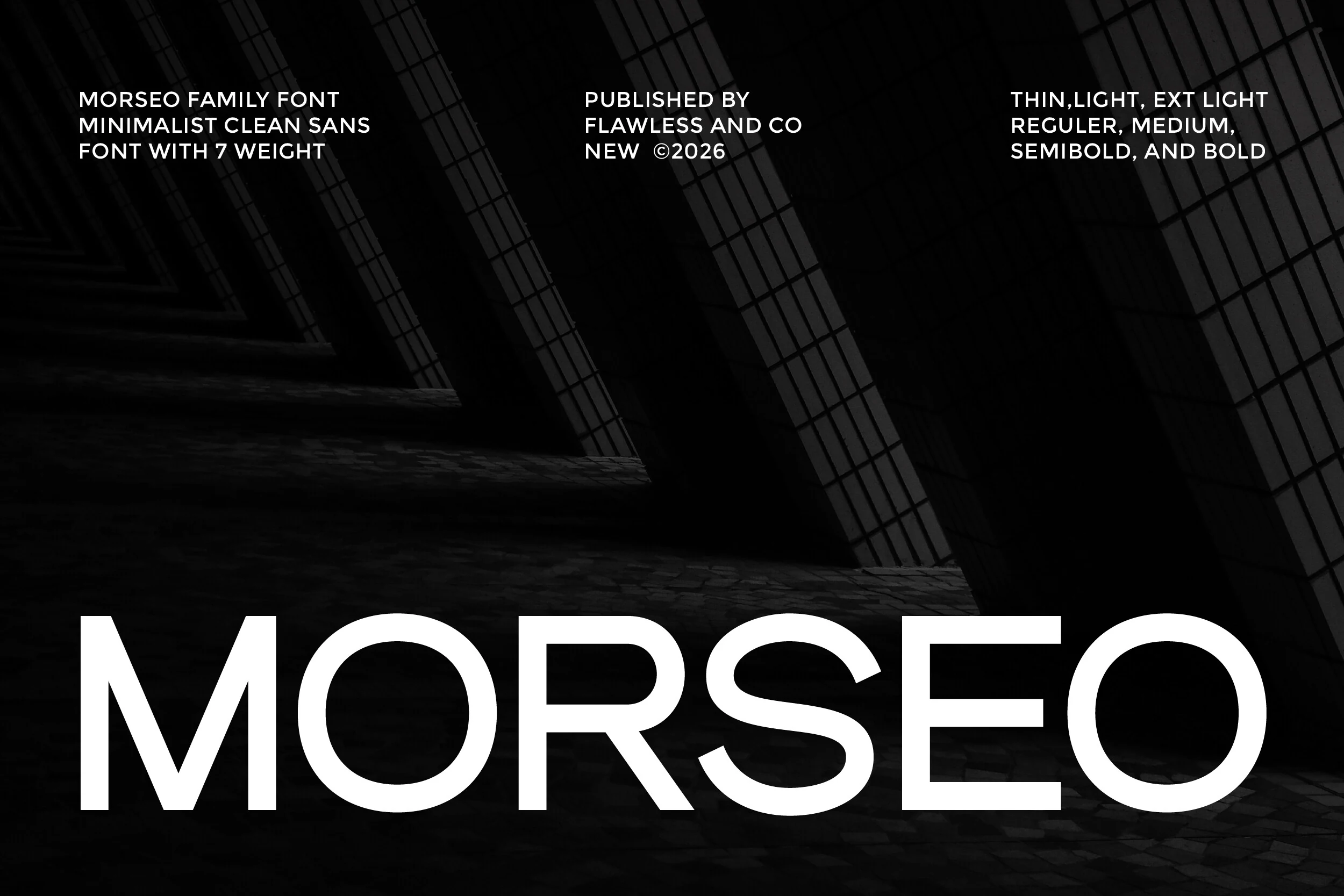 Morseo Font preview with clean white sans serif lettering on a black background