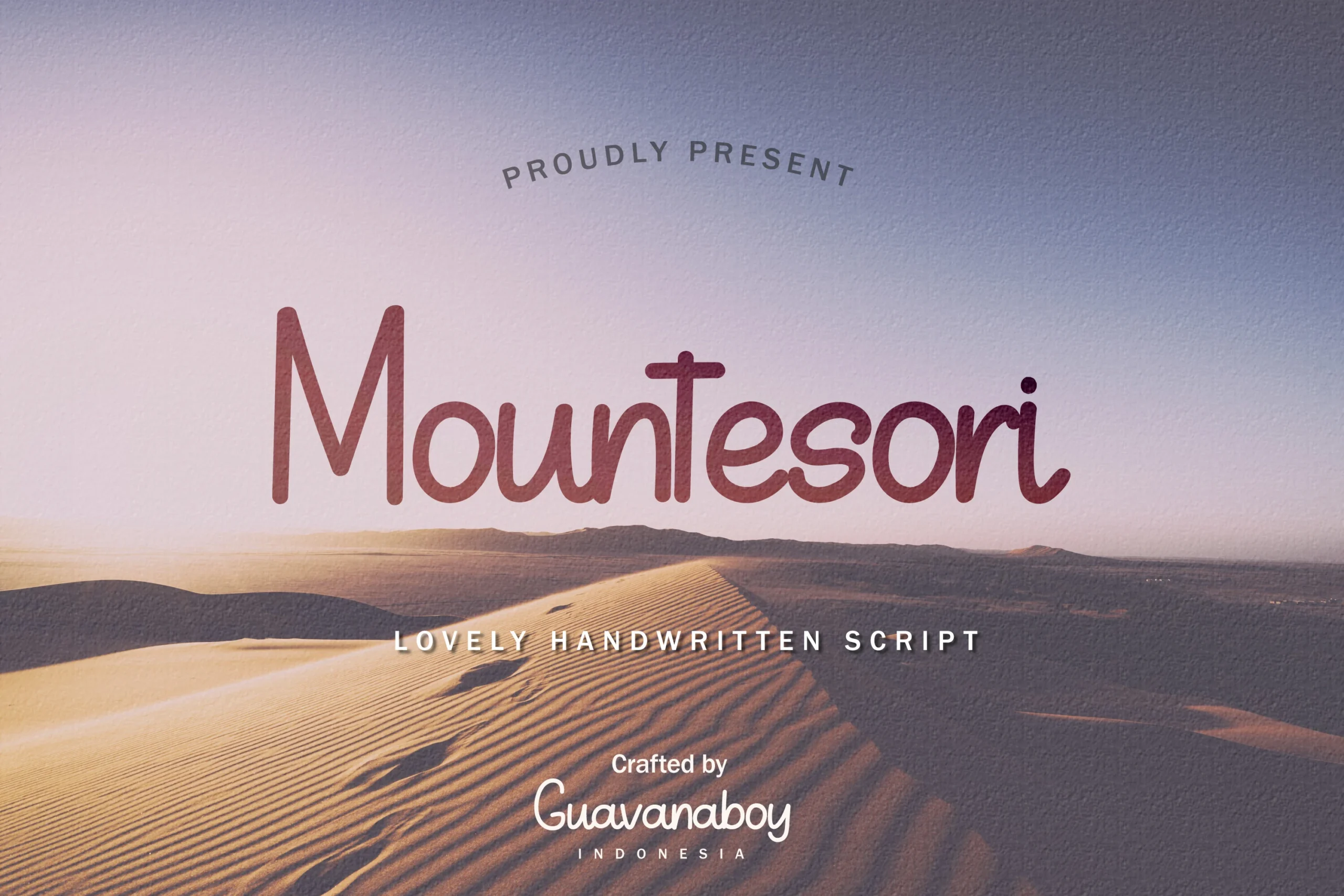 Mountesori Font preview with rounded monoline handwritten lettering in a warm reddish tone