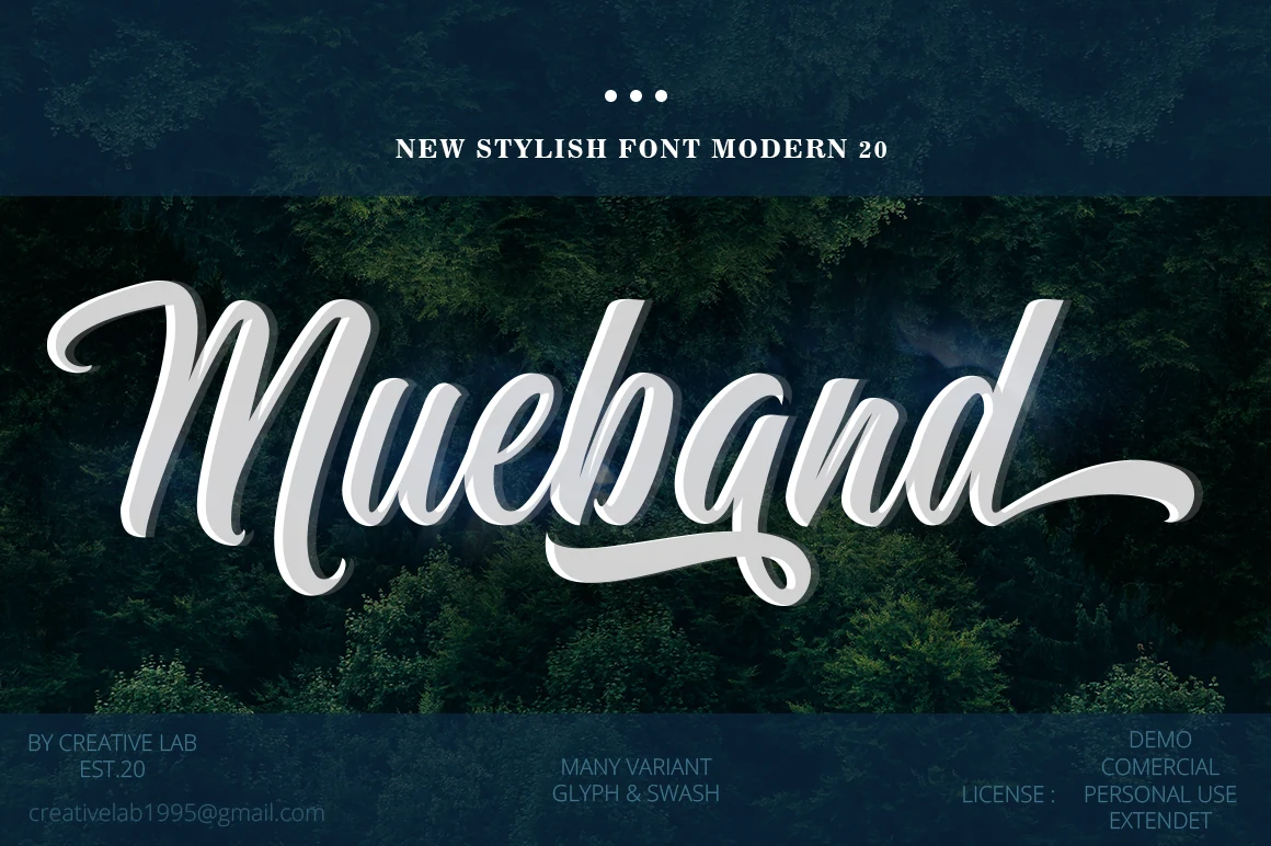 Mueband Font preview with elegant white calligraphy script, slanted strokes, and sweeping swashes