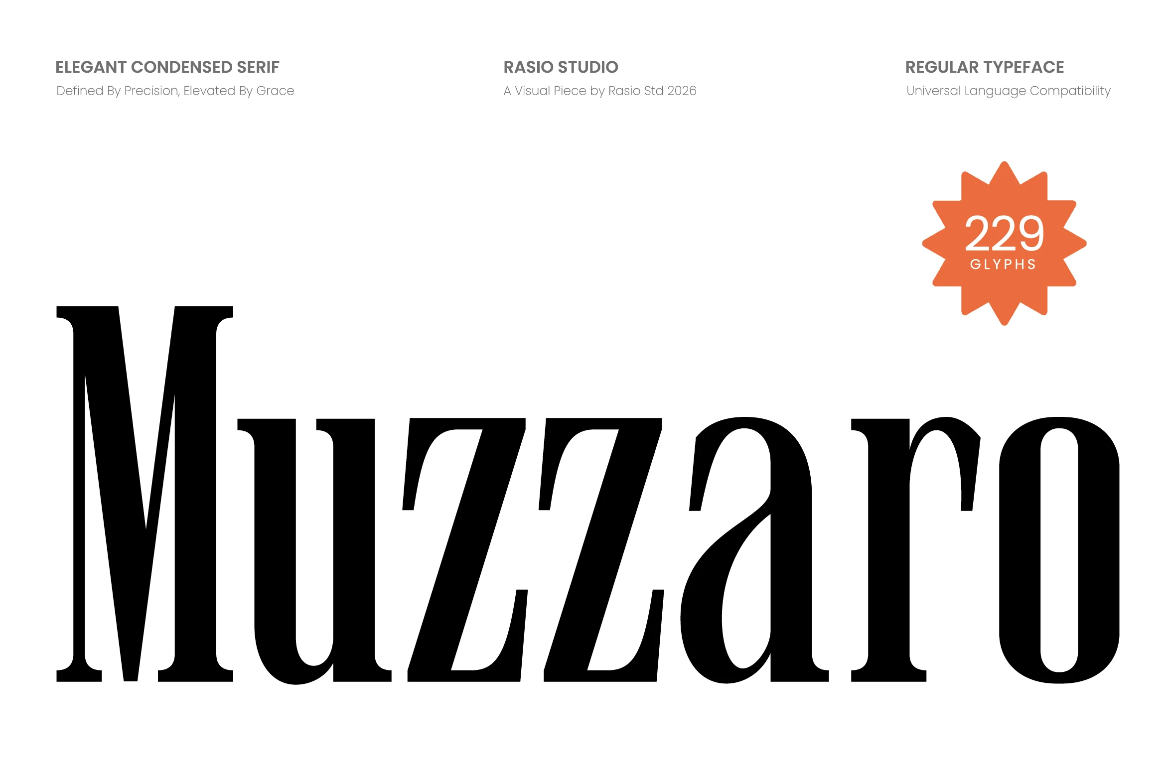 Muzzaro Font preview in bold condensed serif lettering with high contrast and tall proportions