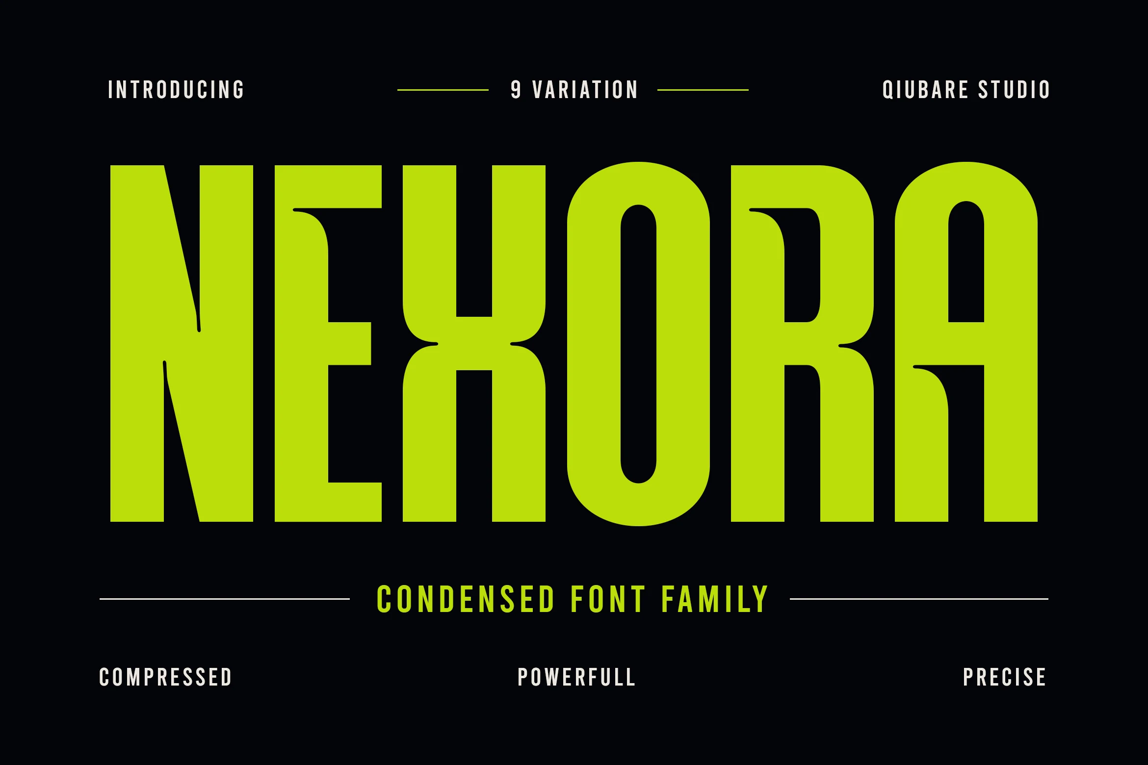 Nexora Font preview with tall condensed lime-green sans lettering on a black background
