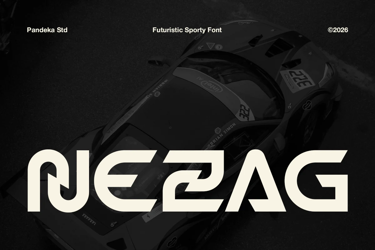Nezag Font preview with futuristic angular cream lettering and wide geometric shapes