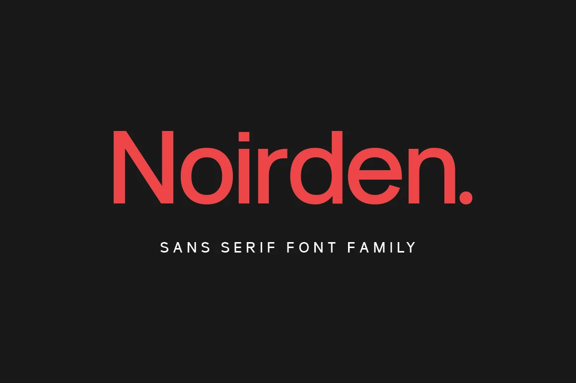 Noirden Font preview in bold rounded sans serif lettering with coral red text on a black background