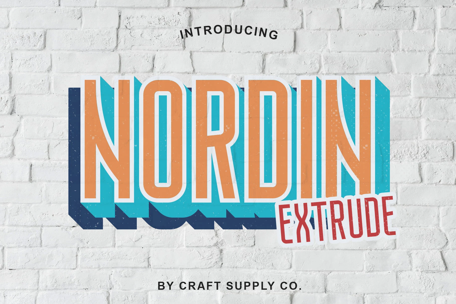 Nordin Extrude Family Font preview with tall layered retro sans serif lettering