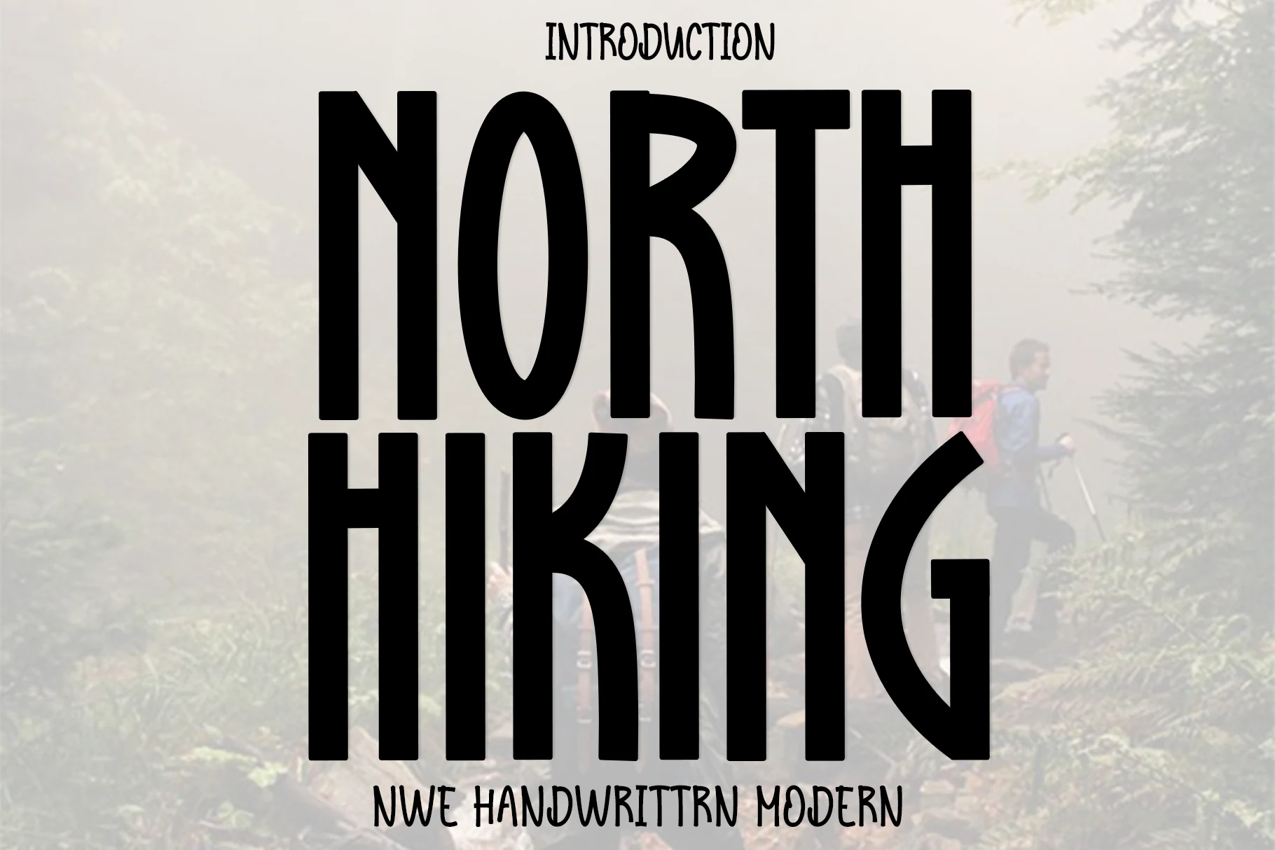 North Hiking Font preview with tall black condensed lettering and narrow handwritten capitals
