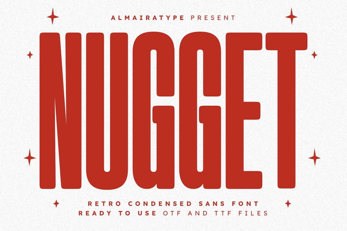 Nugget Font preview with tall red retro condensed sans lettering