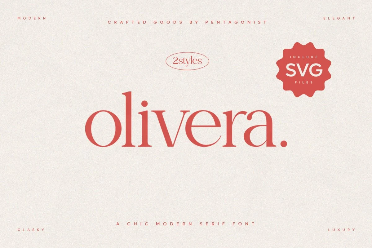 Olivera Font preview with chic feminine serif lettering in coral red