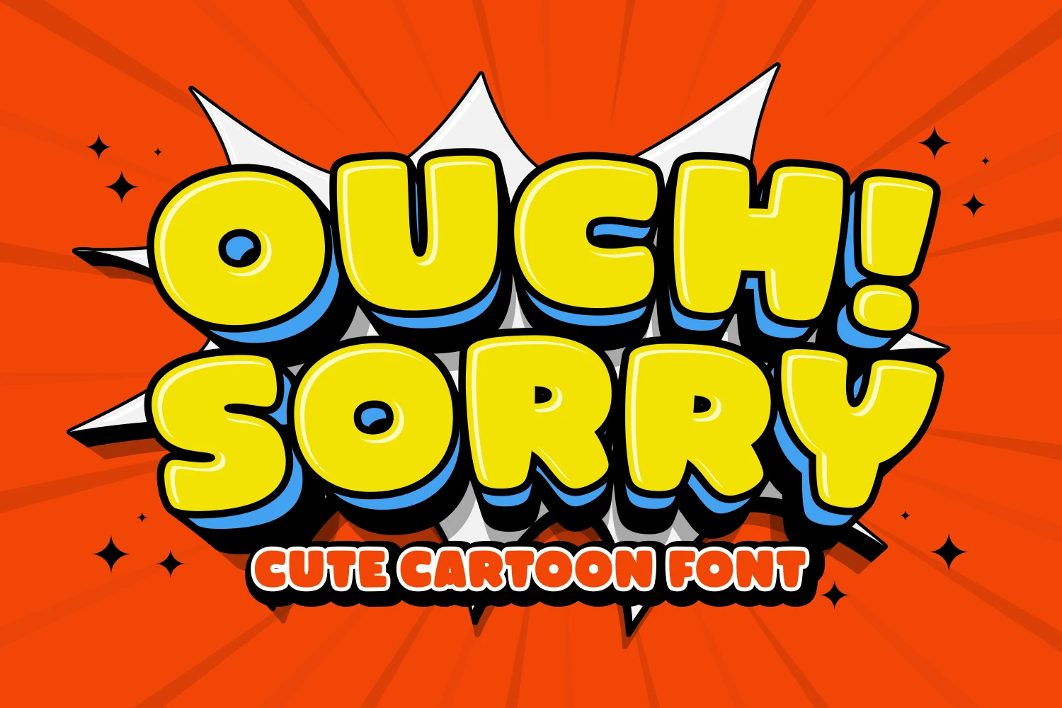 Ouch Sorry Font preview with chunky rounded yellow cartoon letters, thick black outline, and blue shadow